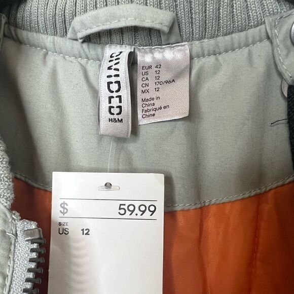 H&M Divided Dusky Green Long Sleeve Streetwear Bomber Jacket W/ Braces Size 12 - Picture 10 of 12